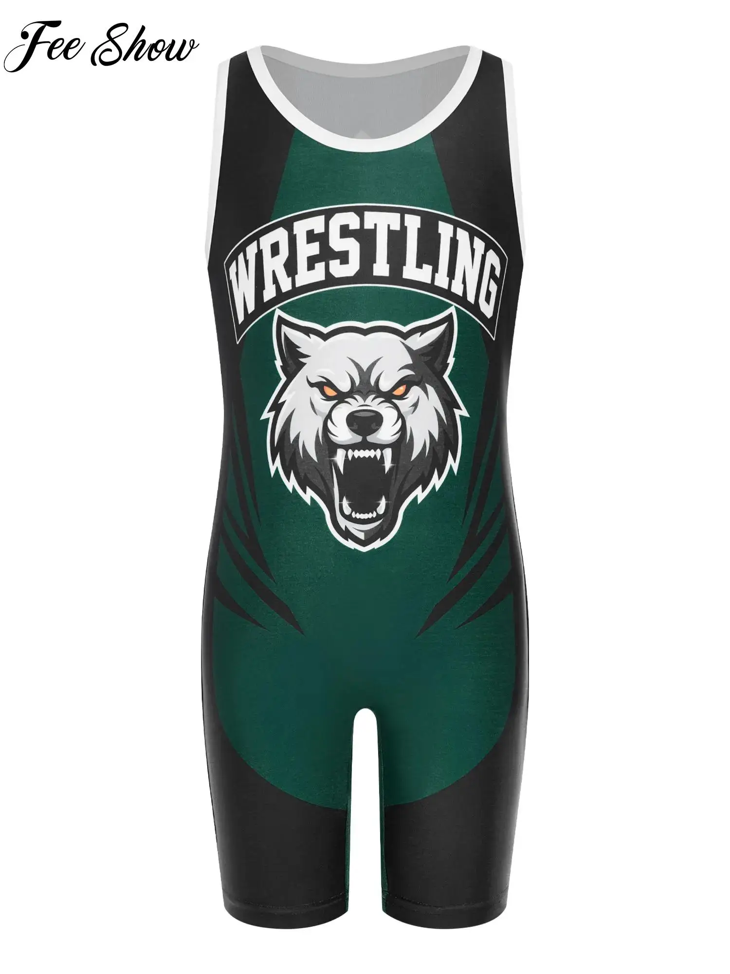 

Kids Boys Printed Wrestling Singlet Sleeveless Color Block Jumpsuit Thigh Length Bodysuit Breathable Stretchy for Sports Workout