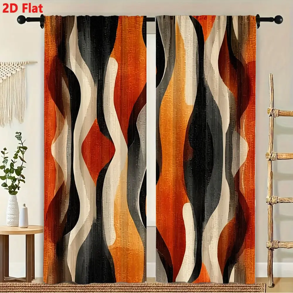 

2Pcs Curtain Abstract Wavy Curved Shapes In Orange Black Gray Window Drapes For Bedroom Living Room Decoration Window Treatment.