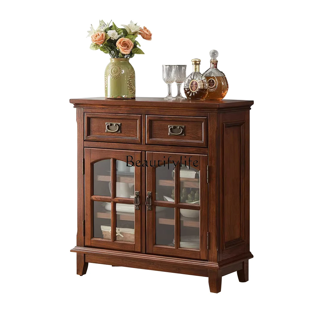

American-style Solid Wood Sideboard Cabinet for Home Dining Room Double-door Glass Storage Cabinet