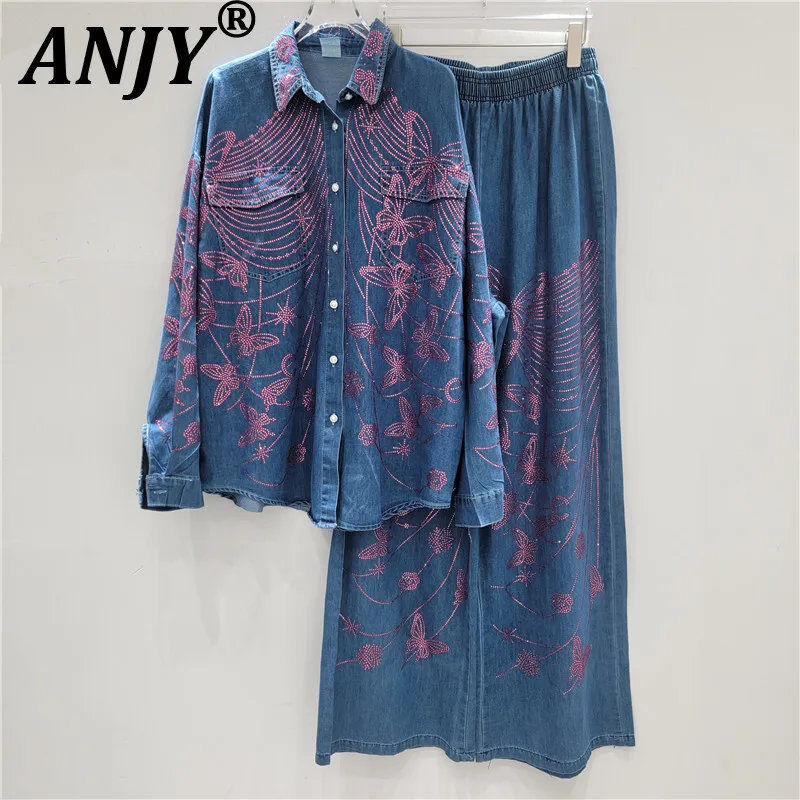 

ANJY Autumn New Women Chic Set Studded Diamonds Pockets High Street Denim Shirt Elastic Waist Straight Trendy Casual Pants A9655