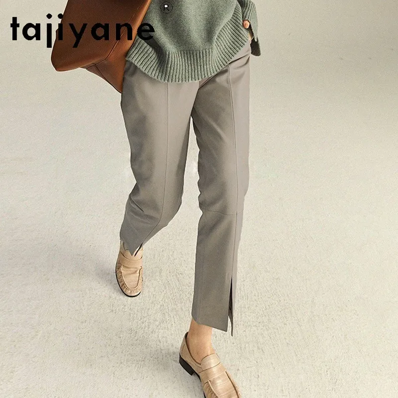 AJIYANE 100% Sheepskin Genuine Leather Pants Bootcut Cropped Pants of Women Front Slit Leather Pantalones Slim Fit Trousers 슬랙스