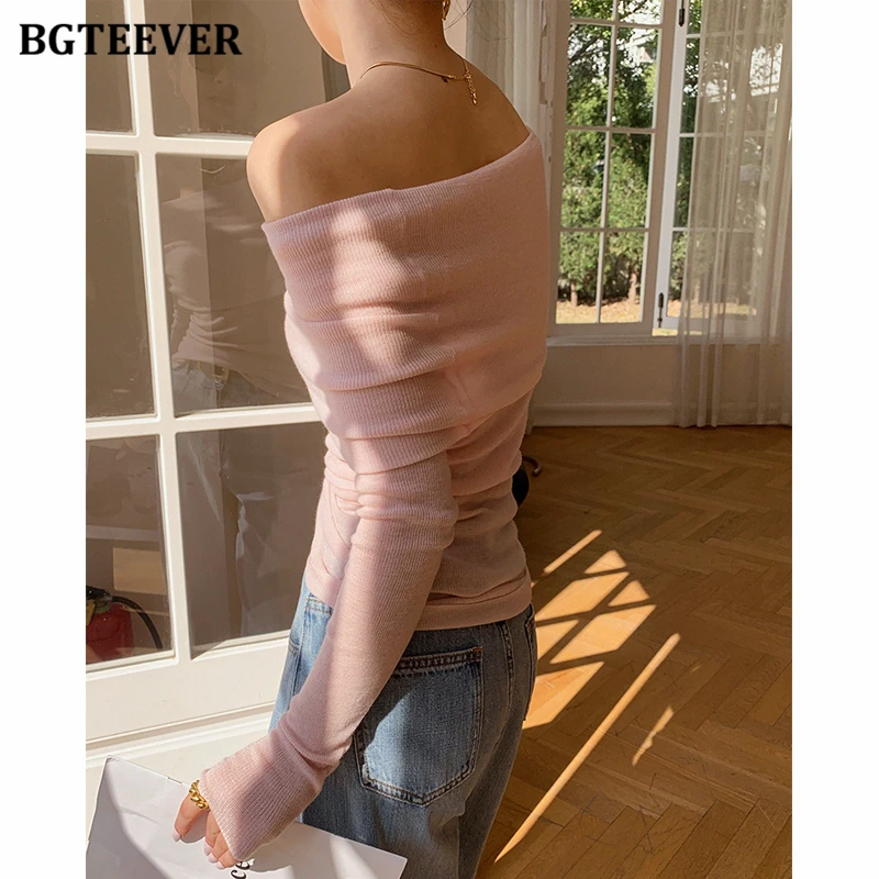 BGTEEVER Elegant Slash Neck Ladies Pullovers Sweaters Autumn Winter Slim Full Sleeve Women Knitted Jumpers Female Knitwear