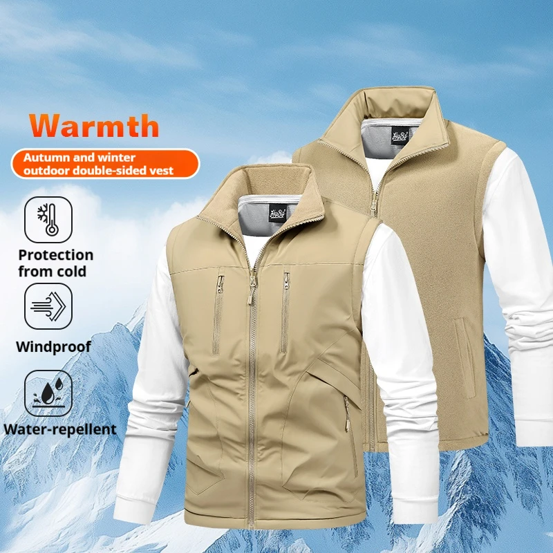 

Autumn Man Fleece Casual Sleeveless Vest Men Sport Jogger Multi Pocket Vest Male Thicken Outdoor Work Safari Vest Base Waistcoat