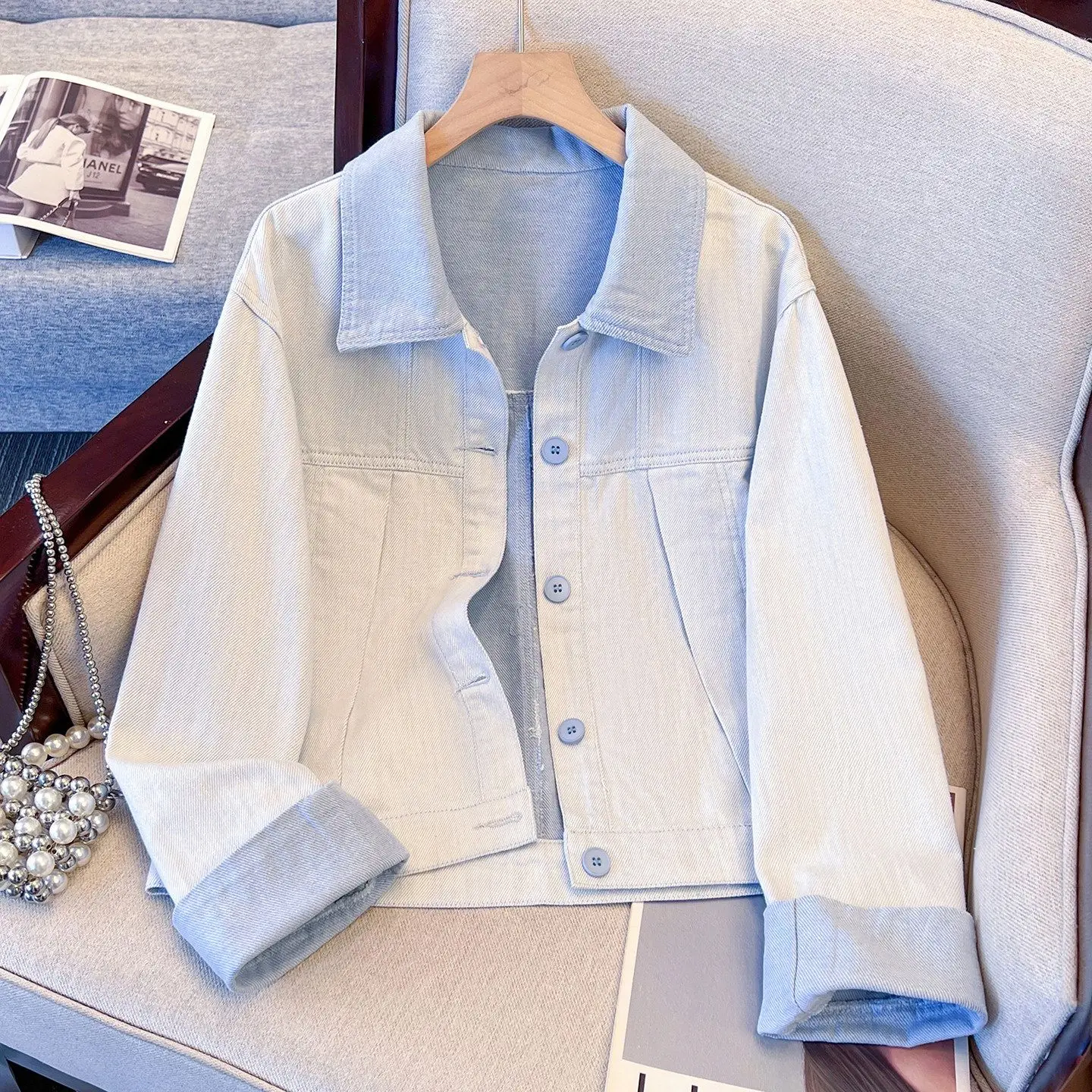 Yellow Lapel Denim Jacket Women's Spring And Autumn 2026 New Women's College Style Short Jacket Top Denim Coat Blue Outcoat