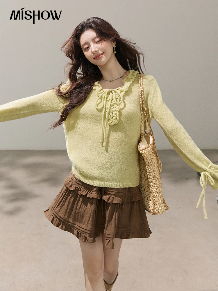 

Женский свитер MISHOW с рюшами и завязками на шее, длинными рукавами, расклешенными манжетами и завязками, однотонный, повседневный, свободный крой, вязаный топ, весна 2026, MXF15Z3065