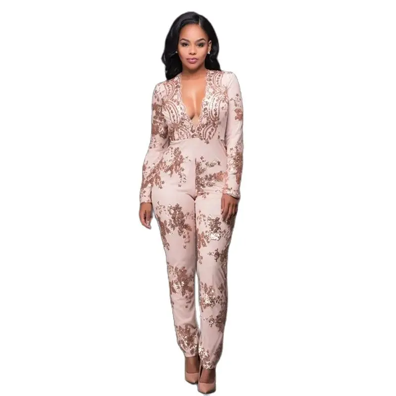 Sequin Jumpsuit Women Deep V neck Long Sleeve Bodycon Jumpsuits Sexy mesh Patchwork Rompers ladies Glitter Club Party Overalls