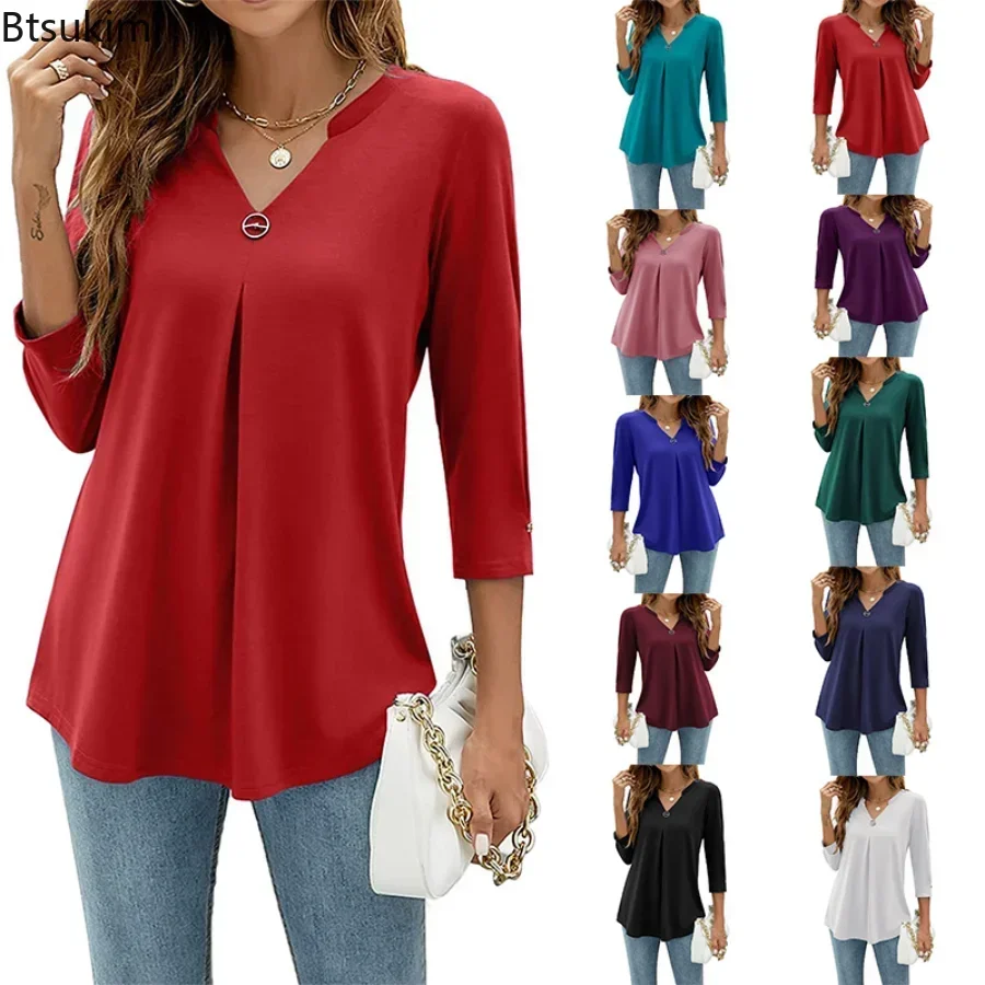 2025 Women's Casual Clothing Tops 3/4 Sleeve V Neck Studded Pleated T-Shirt Top Solid Loose Pullover Fashion Shirts Tops Female