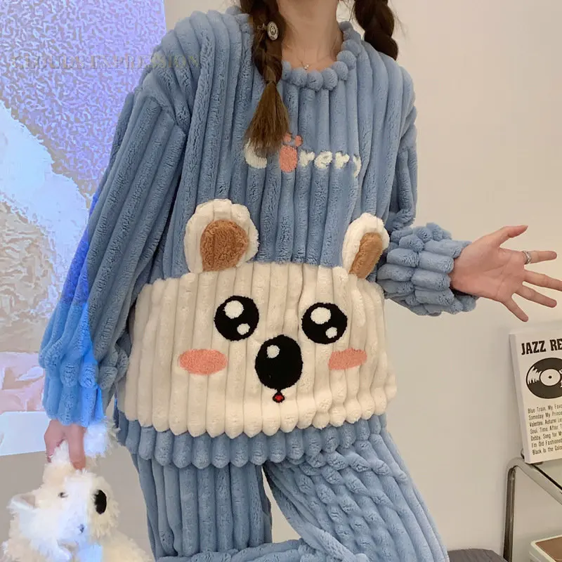 Autumn Winter Warm Flannel Women Long Pajama Sets Thick Coral Fleece Cute Girl Cartoon Sleepwear Flannel Female Pajamas Fashion