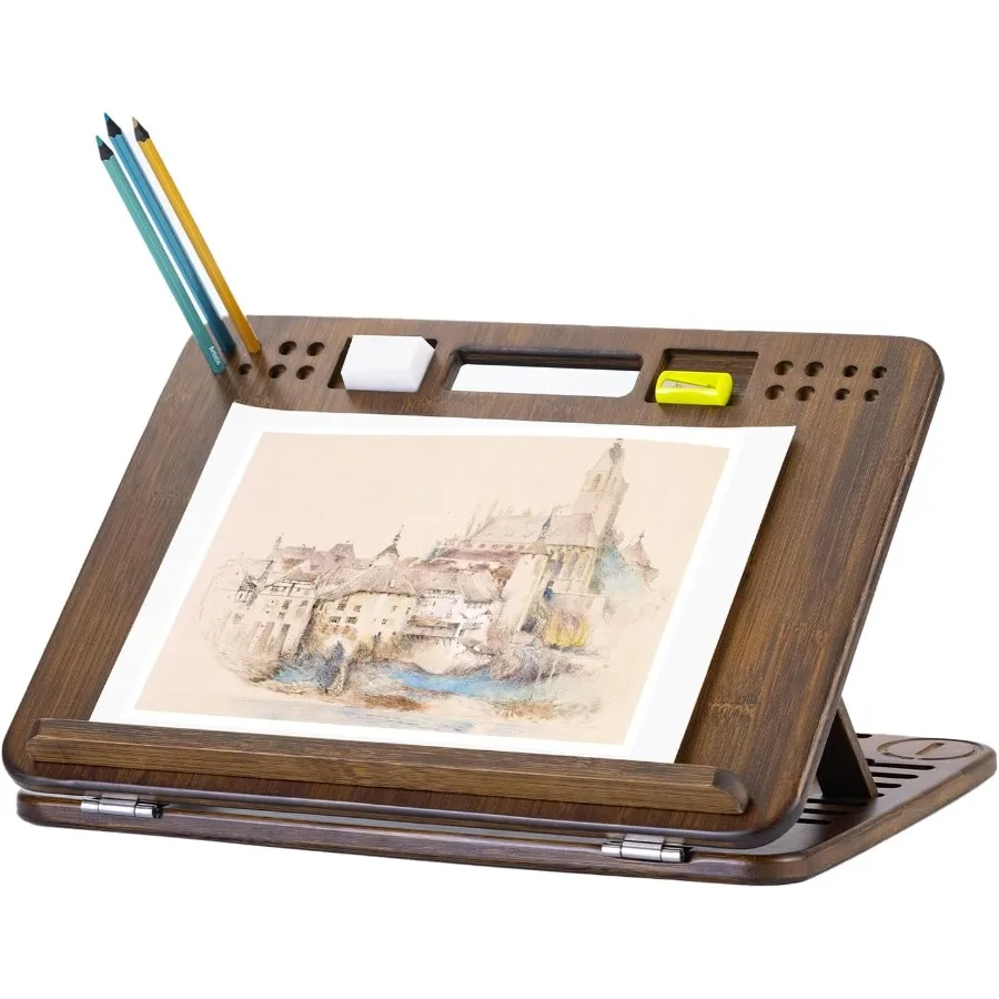 

6-Position Adjustable Bamboo Table Easel 16x12 Inch Portable Art and Lap Desk for Sketching Reading and Book Stand with Built-i