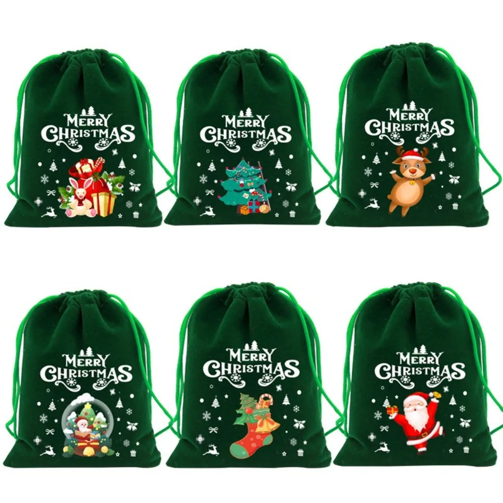 5PCS Green Christmas Velvet Bags Bracelet Jewelry Storage Drawstring Pouch Candy Snack Gift Bag 5 Size Xmas