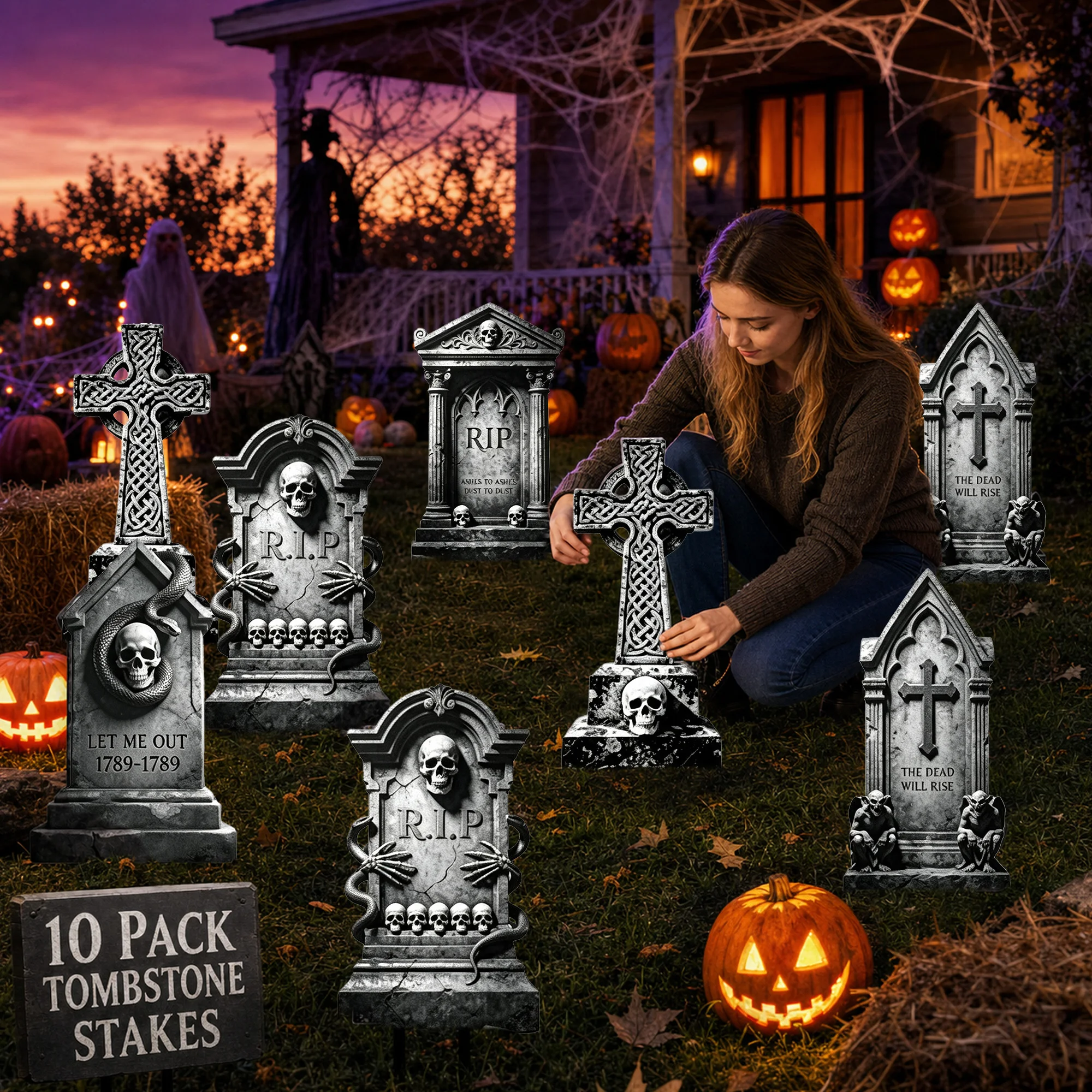 10-Pack Realistic Halloween Tombstone Yard Signs  Corrugated Plastic RIP Gravestone Stakes For Outdoor Lawn And Garden Decor Spooky Cottage Graveyard Props