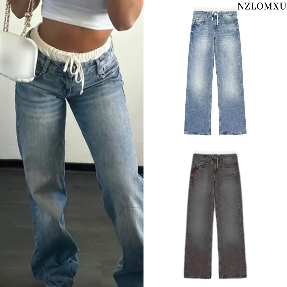 

Women Fashion Patchwork High Waist Fake Two Piece Denim Pants Female Versatile High Street Blue Jeans Wide Leg Trousers