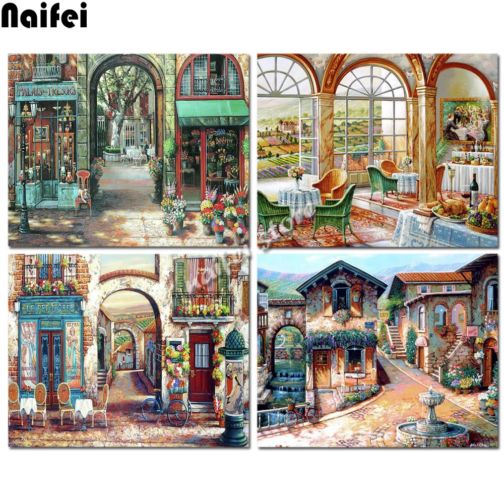 Diamond Mosaic Cross Stitch European style ancient town cafe shop Home Decor Needlework Gift 5D DIY Diamond Embroidery Picture