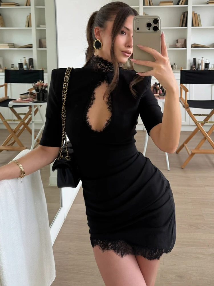 

Trendix Black Lace Elegant Evening Dress Women Sexy Hollow Out Bodycon Mini Dress Party High Waist Club Slim Short Sleeve Dress