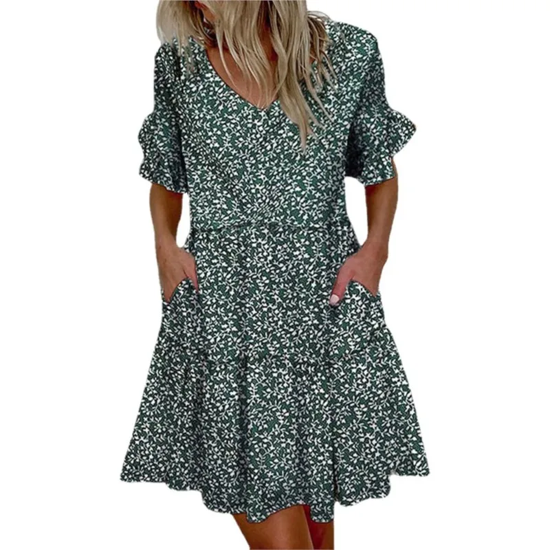 Boho Bloemenprint Womens Jurken Zomer Losse V-Hals Ruches Korte Mouw Mini Jurk Dames Casual Elegante Strandjurk Vestidos