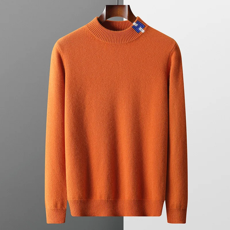 Autunno 100% lana merino maglione lavorato a maglia colletto semi-alto da uomo pullover jacquard abbinati ai colori camicia base allentata addensata moda