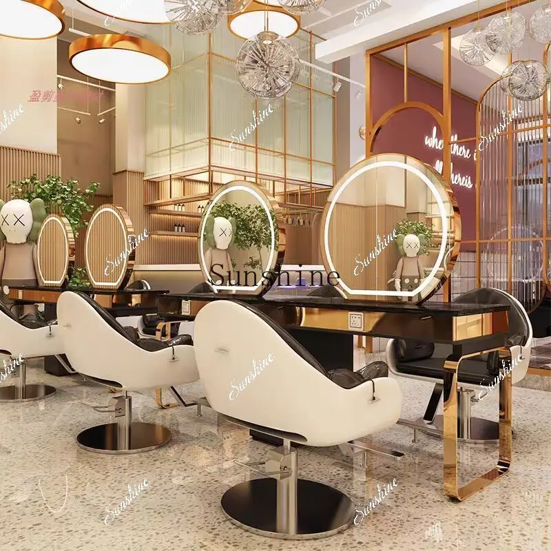 Special stainless steel titanium-plated barber shop with lamp single and double four-sided mirror table for hair salon   TF