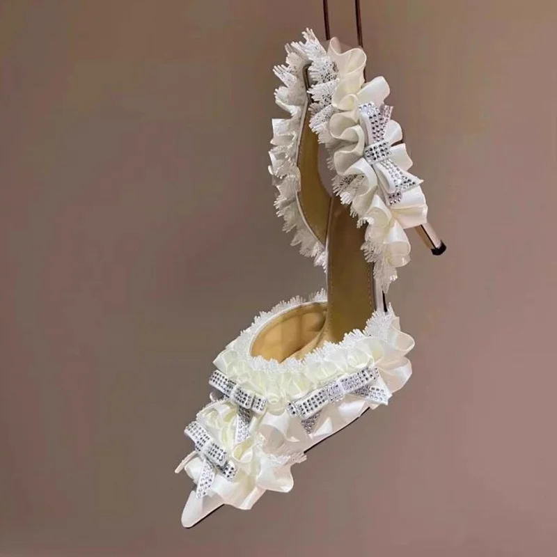 

Ruffle Bow Slingback White Pumps Lolita Butterfly Pointed Toe Satin Ribbon Pointed Toe Stiletto Heels Shoes Solid Lace Shoes
