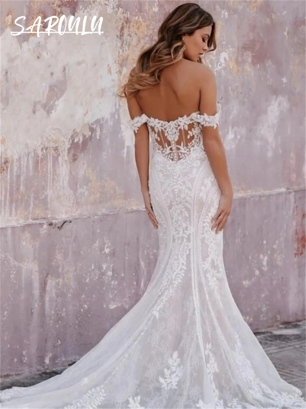 Off Shoulder Lace Wedding Dress for Women, Mermaid Court Train Bride Dresses Customized Plus Size Bridal Gown