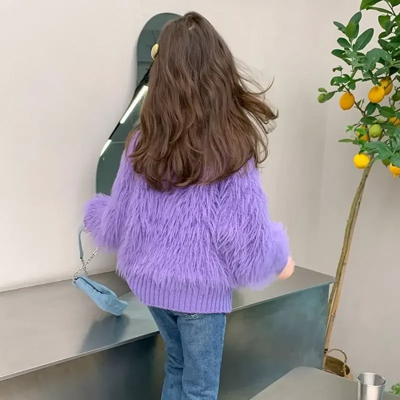 Girls Sweater Cardigan 2024 New Fashion Spring Autumn Children Mink Spring Fur Coat Simple Casual Sweater Clothes Top Kid image 6