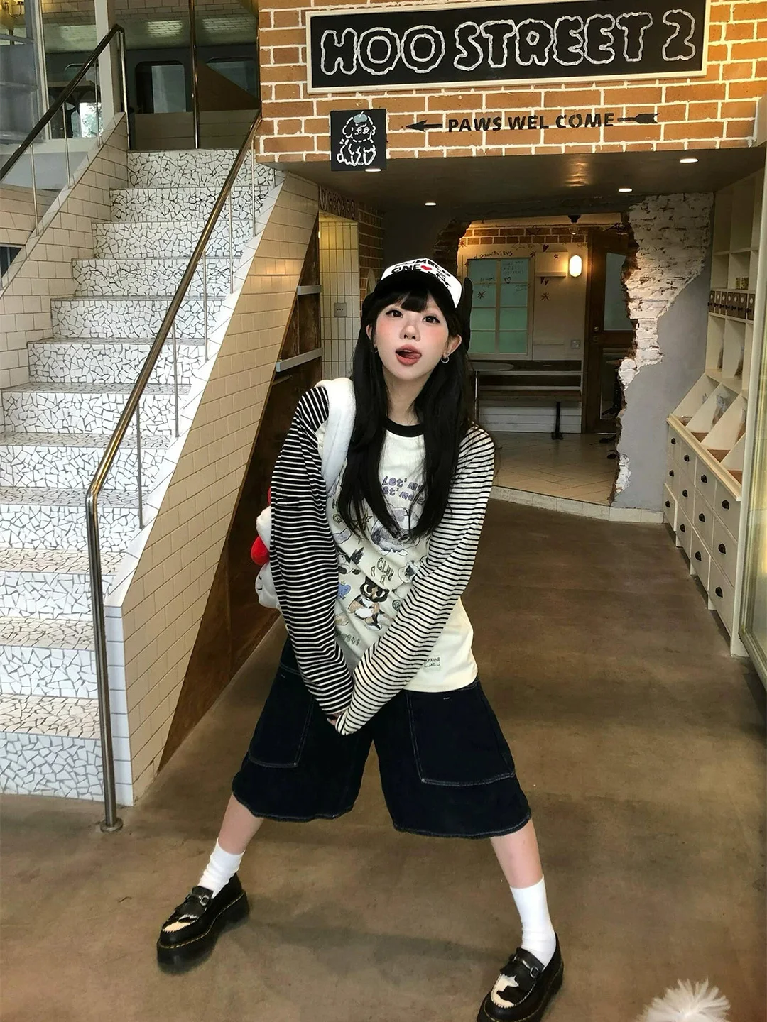 Loose Long Sleeve T-Shirt Women's Casual Style Color Block Striped Print Sweat Absorbent Breathable round Neck Top for Autumn