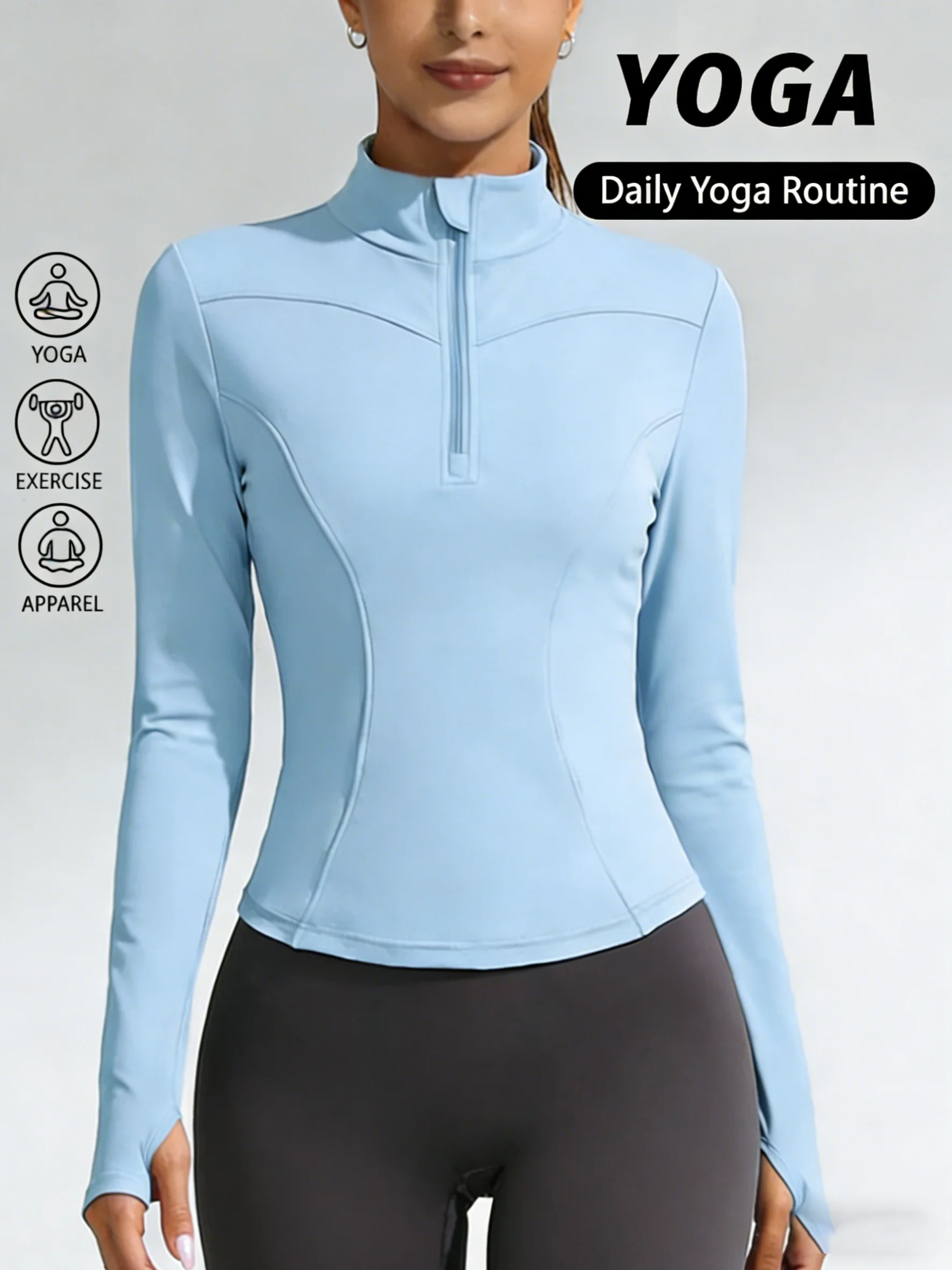 Women Slim Fit Half Zip Long Sleeve Yoga Top Light Blue Stand Collar Athletic Shirt with Thumb Holes Quick Dry for Running