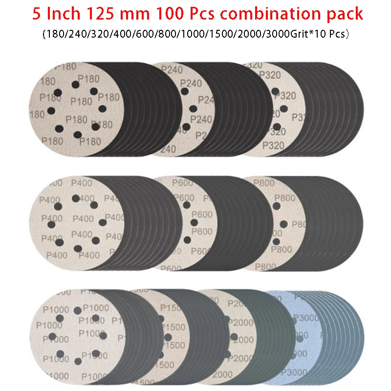 100枚入り-5インチ-フックアンドループ式-8穴-ウェット-ドライサンドペーパー-180～3000グリット混合-シリコンカーバイド-オービタルサンドペーパー-木材、車、金属用