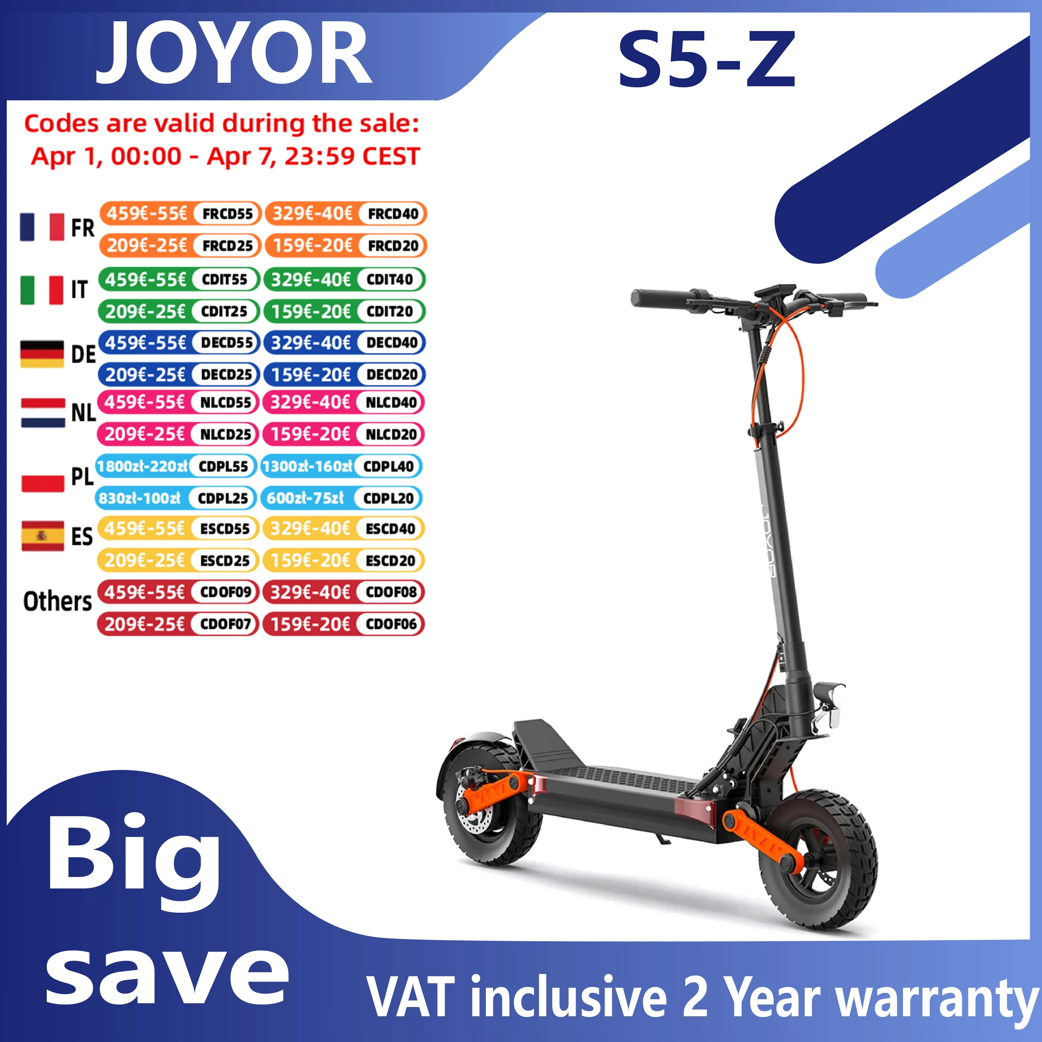 JOYOR S5-Z Scooter électrique, batterie 48 V 13 Ah, moteur 600 W, pneus 10*3 pouces, vitesse 25 km/h, portée 40-55 km, frein à disque avant et arrière