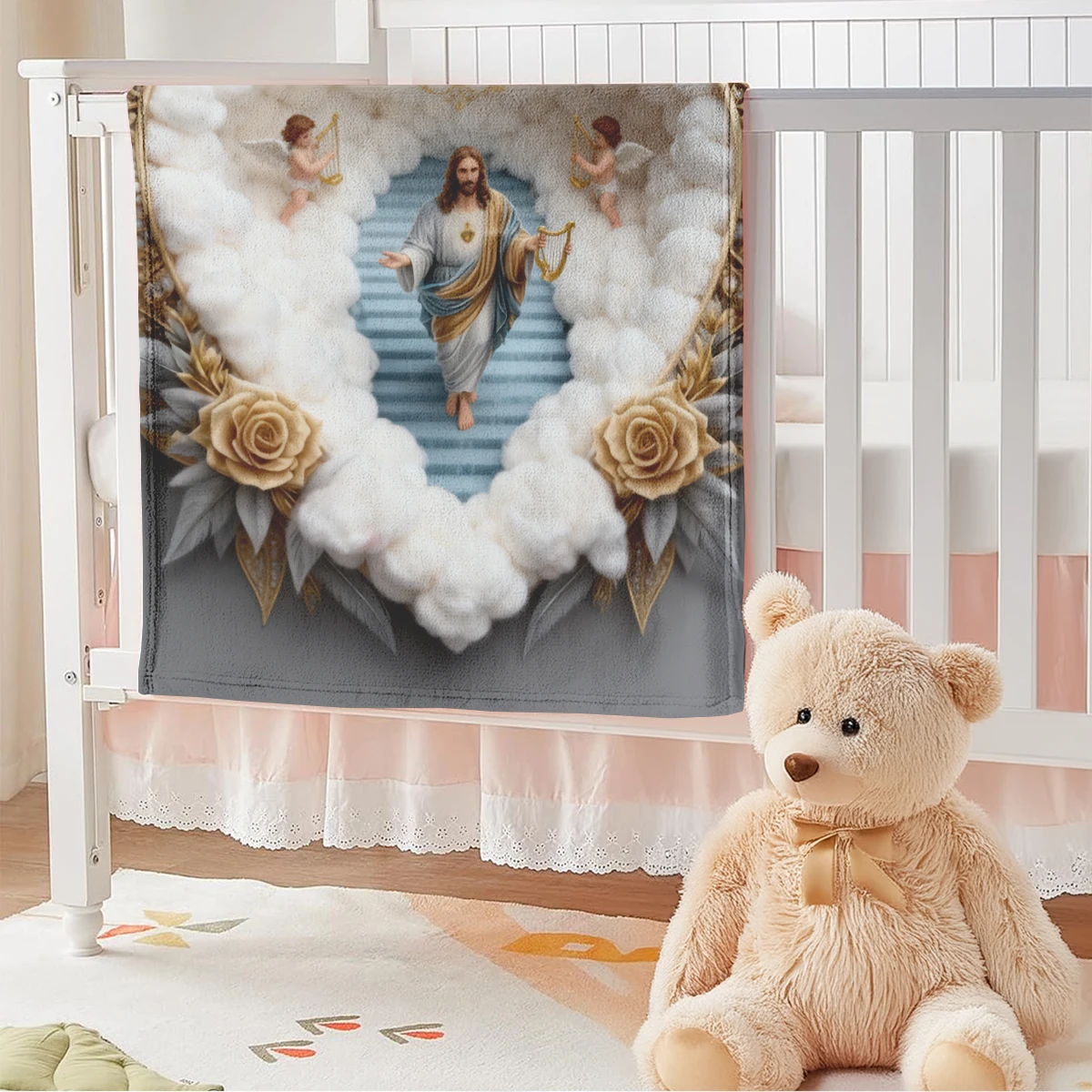1 Sacred Love Cloud Jesus Blanket Angel Harp Blessing Flannel Throw
