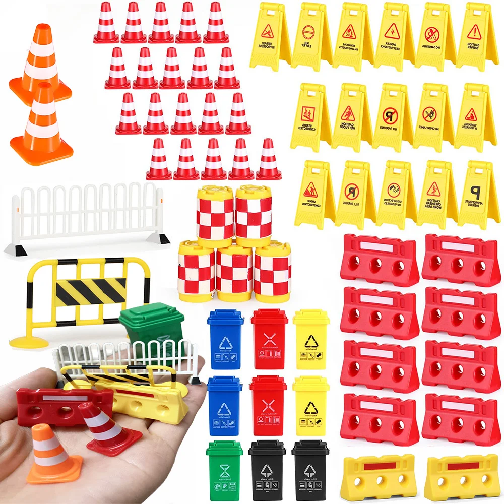 Mini Traffic Signs Road Street Signs Playset Construction Traffic Cone Warning Sign Garbage Can Roadblock Safety Education Toy