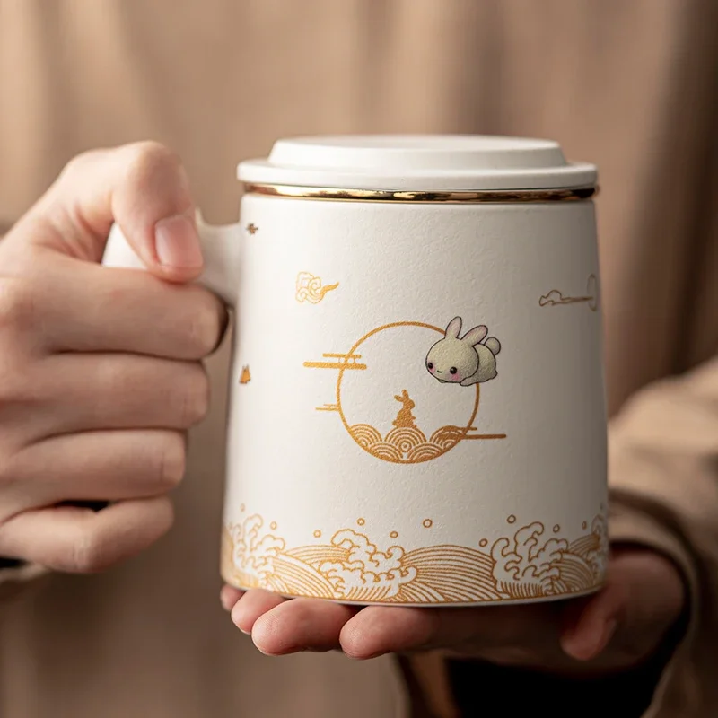 Chinese Style Cartoon Rabbit Pattern Mug, Home Personal Office Cute Teacup With Cover, Creative Separated Tea Cup for 400ml, 1Pc