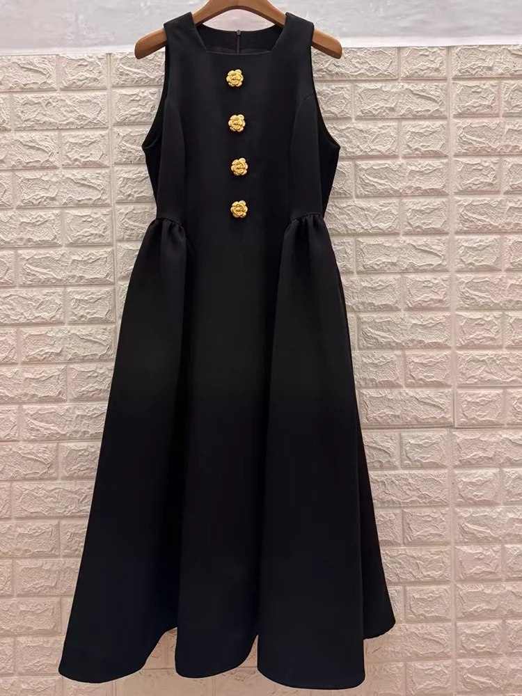

Solid color round neck button sleeveless vest skirt summer women's new elegant temperament big swing high waist A-line dress