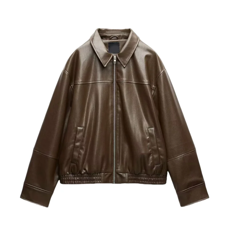 

Fall New Arrival Women's Long Sve Collar Faux Leather Pilot Cardigan Jaet Sweet Sle Loose Fit Zipper Closure
