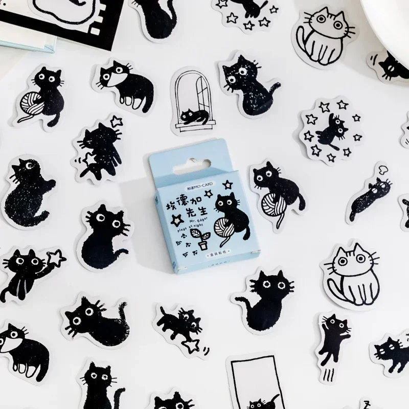 45 Uds. De pegatinas decorativas Kawaii de pequeño gato negro en caja, etiqueta para álbum de recortes, diario, papelería, álbum, planificador