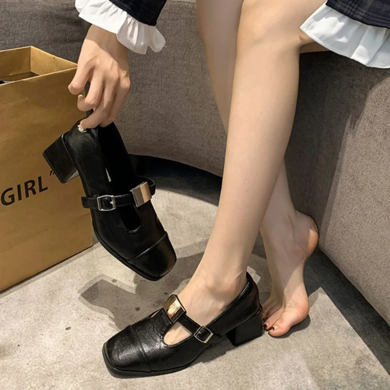 ساحة تو المرأة الضحلة ماري جينس أحذية منتصف الكعب مكتنزة أحذية من الجلد امرأة 2025 الاتجاه الخريف موضة أنيقة Mujer Zapatos #2