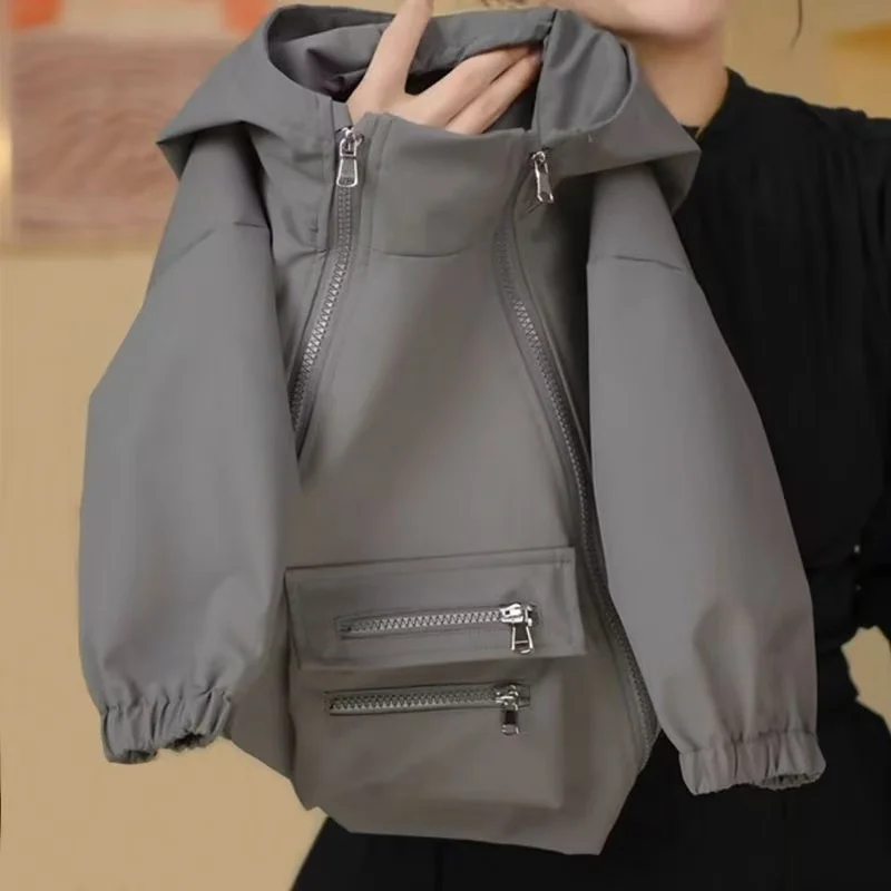 2026 New Spring and Autumn Children's Grey Personalized Design Zipper Hooded Charge Coat and Pants Two Piece Set