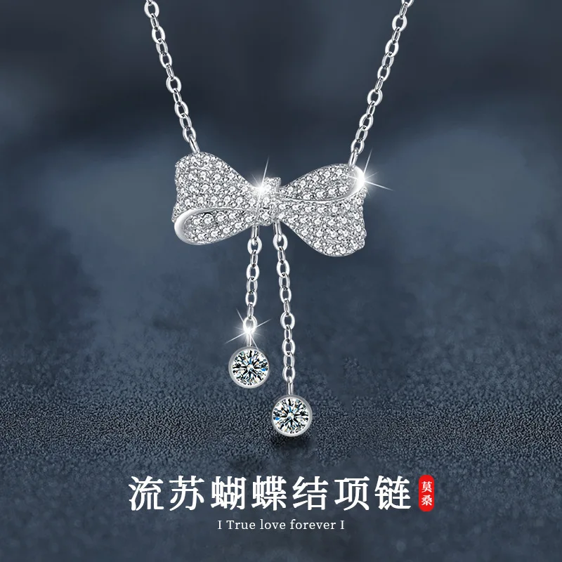 

Mozambique stone jewelry necklace, women's 925 silver tassel bow pendant, high-end collarbone chain necklace accessory