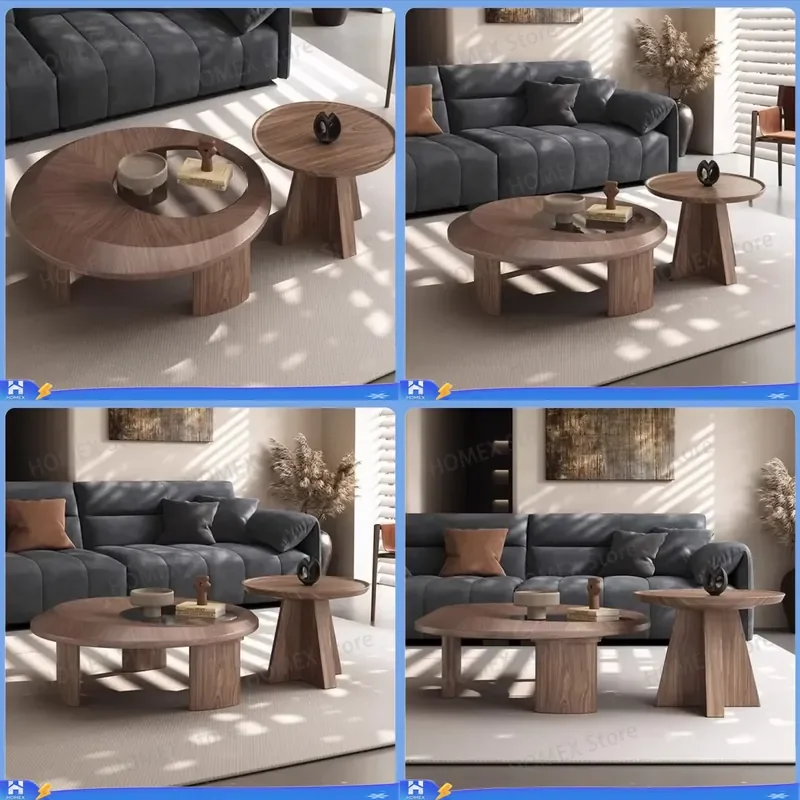 Modern Wooden Round Coffee Table Set Natural Veneer Small Side Table Living Room Furniture Minimalist End Table Nesting