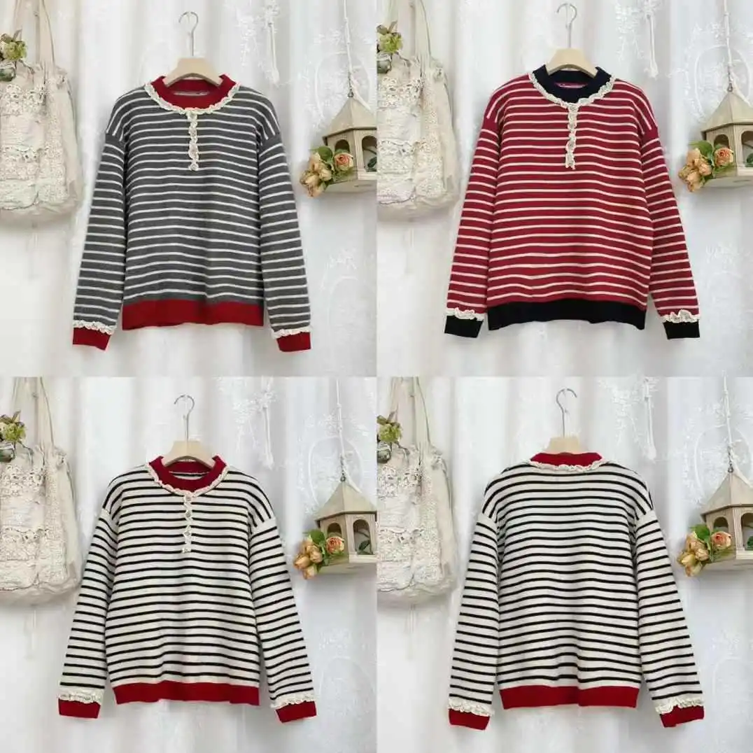 Japanese Sweet Mori Girl Striped Patchwork Knitted Pullover Sweaters Women Autumn Stand Collar Long Sleeve Casual Knitwear Tops