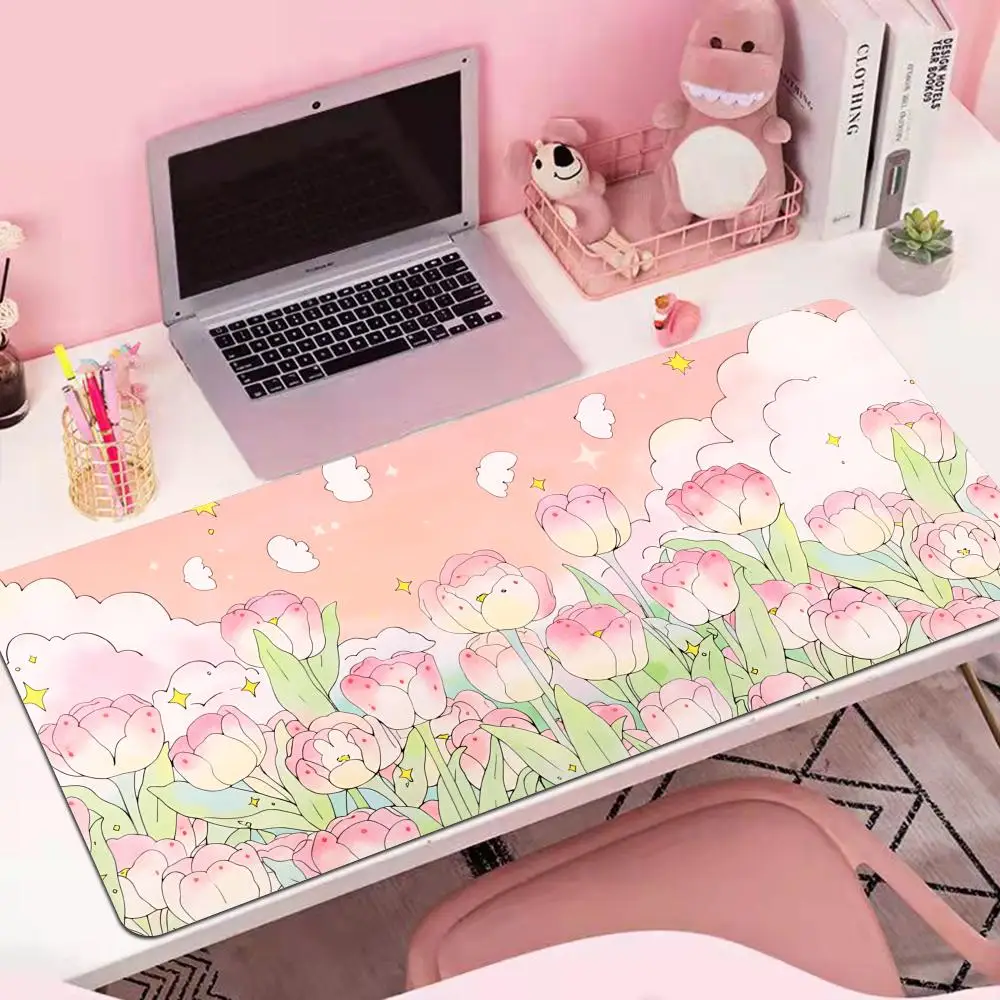 

HYBXAXC Tulips Large Mouse Pad Office Keyboard Multi-size MouseMat Kawaii Rugs Mousepad Cartoon Girly Gamer for Cute Pink Laptop