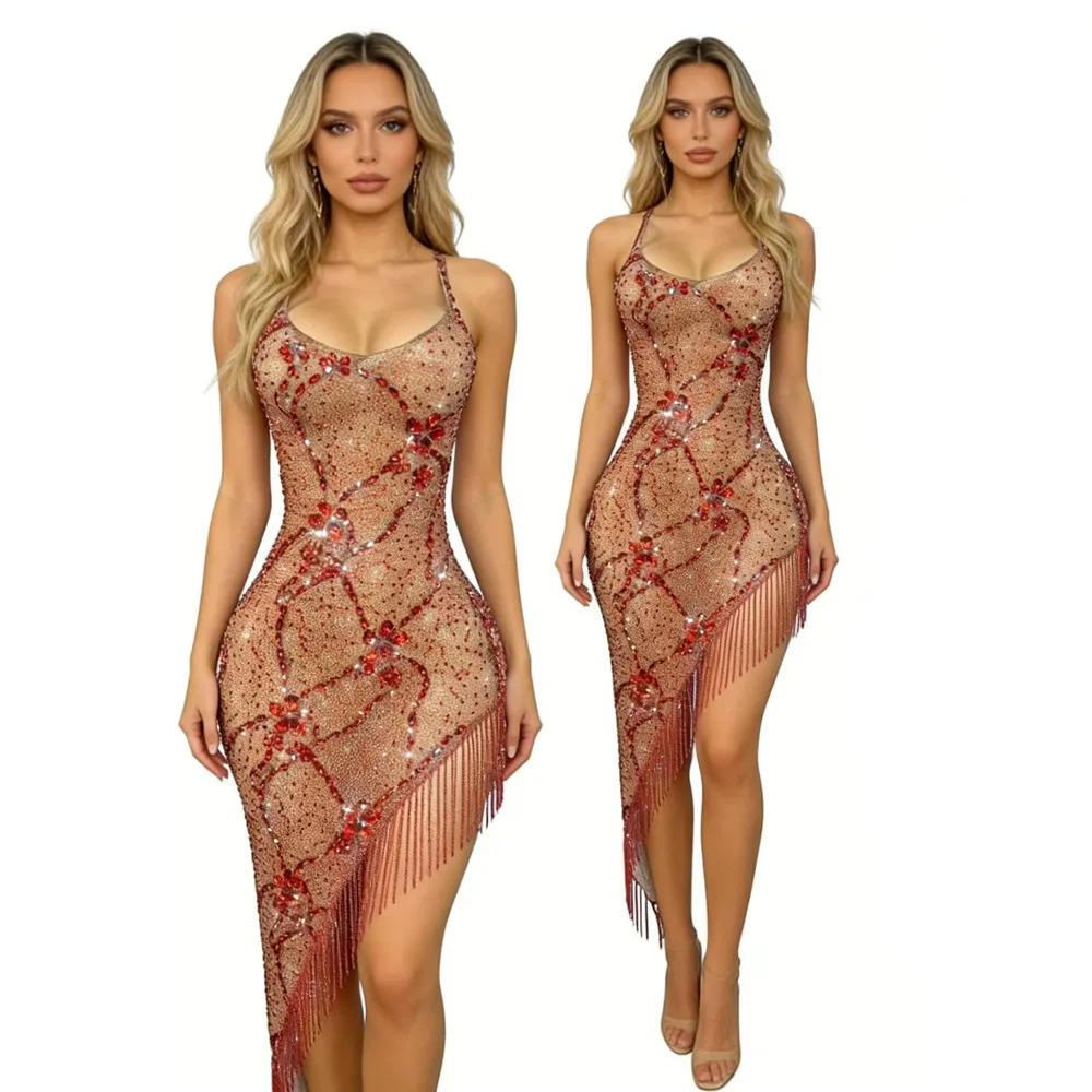 

Сексуальное клубное красное асимметричное платье с цепочками и стразами для женщин, коктейльное вечернее платье для торжеств, для звезд, певиц, моделей, для выступлений на сцене