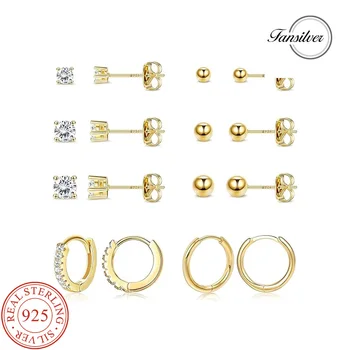 Fansilver 14K 골드 스터드 귀걸이 세트, 925 스털링 실버 스터드 귀걸이, 다중 피어싱, 저알레르기, 작은 후프 스터드 귀걸이 