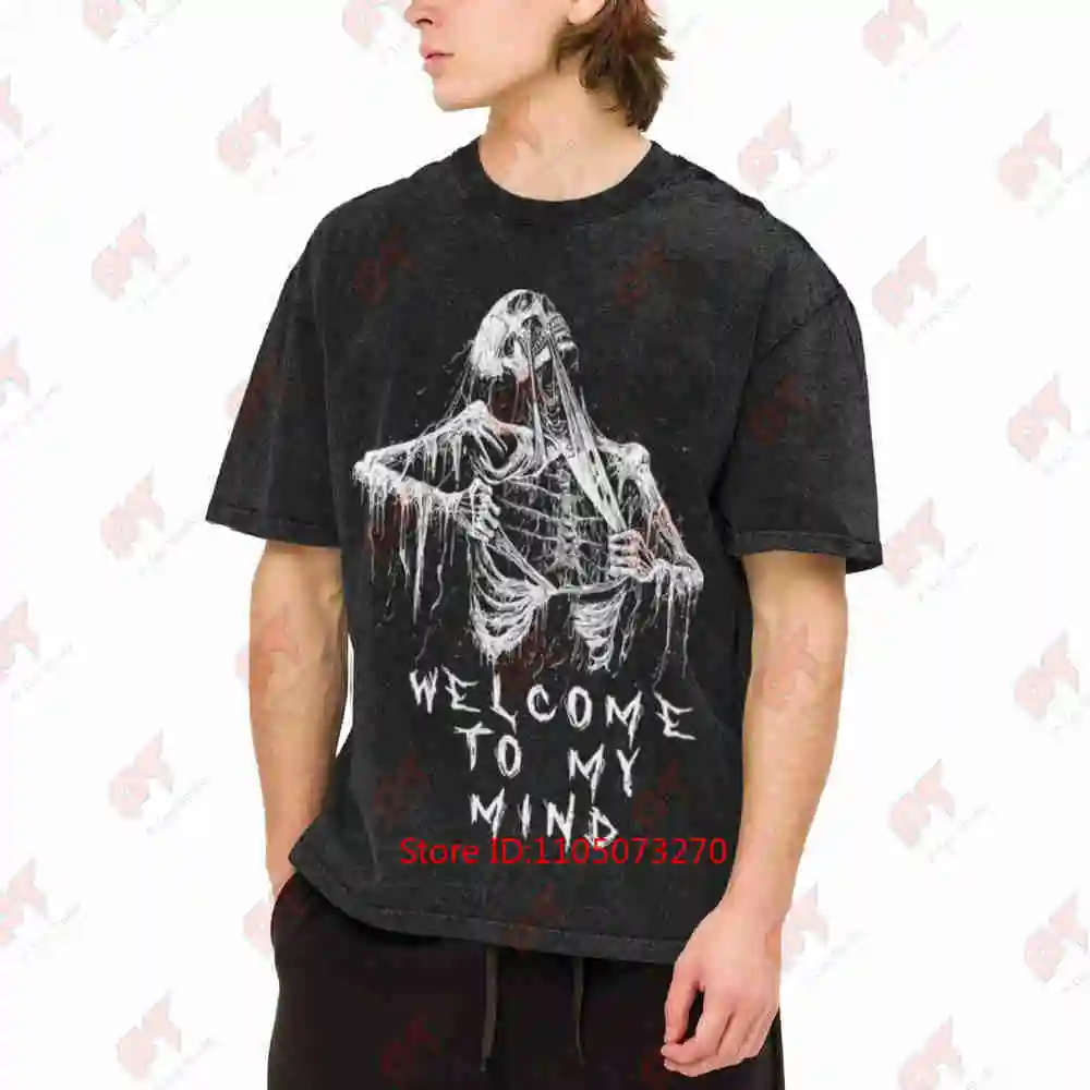 Gothic Torn White Skull Welcome To My Mind Vintage Washed Tee Pure Cotton T-Shirt