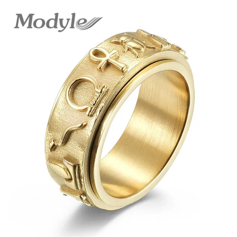 Modyle Ancient Egyptian Symbol Rotating Ring for Men Vintage Gold Color Stainless Steel Punk Finger Ring Decompression Jewelry