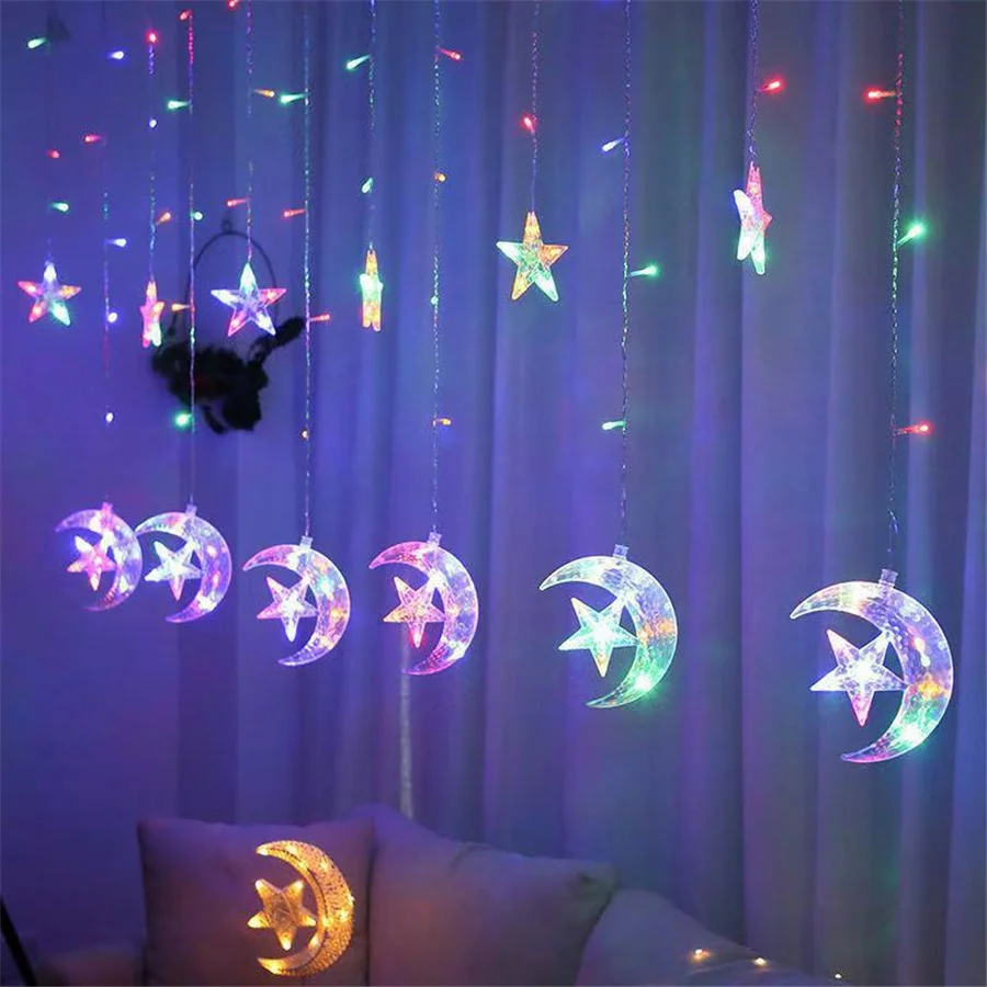 Creative 8 Modes LED Moon Star Curtain Light 220V EU Plug Christmas Garland Fairy String Lights for Party Wedding New Year Decor