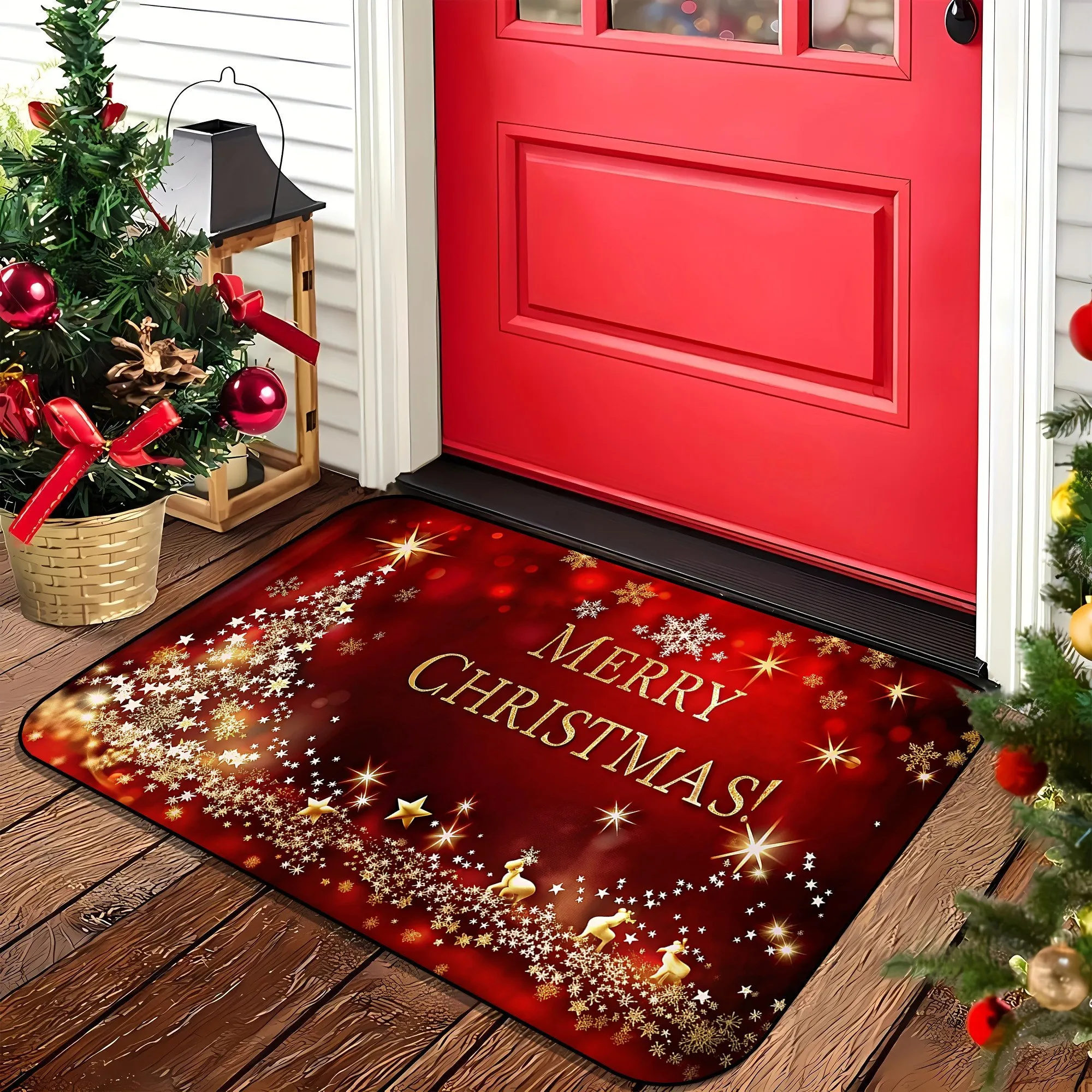 VIKAMA Christmas Doormat Non‑Slip Front Door Rug Washable Indoor Outdoor Xmas Golden Letter Snowflake Holiday Mat