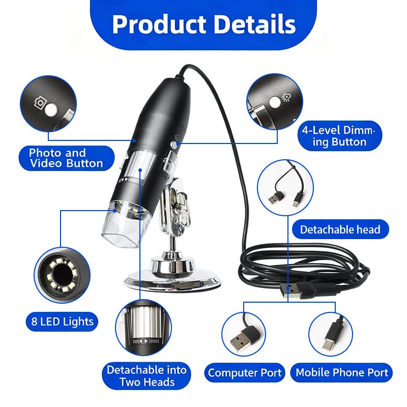 3 in 1 Digital Microscope, Real 50X-1000X, 8 LED Magnification Endoscope Camera, 1920x1080 Pixel Soldering Microscope