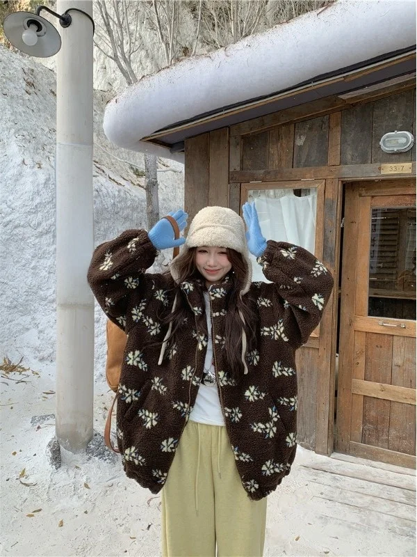 

plus Size Women's Korean Style Floral Lamb Fur Jacket Casual Warm Winter New Style Loose Slimming Comfortable Top