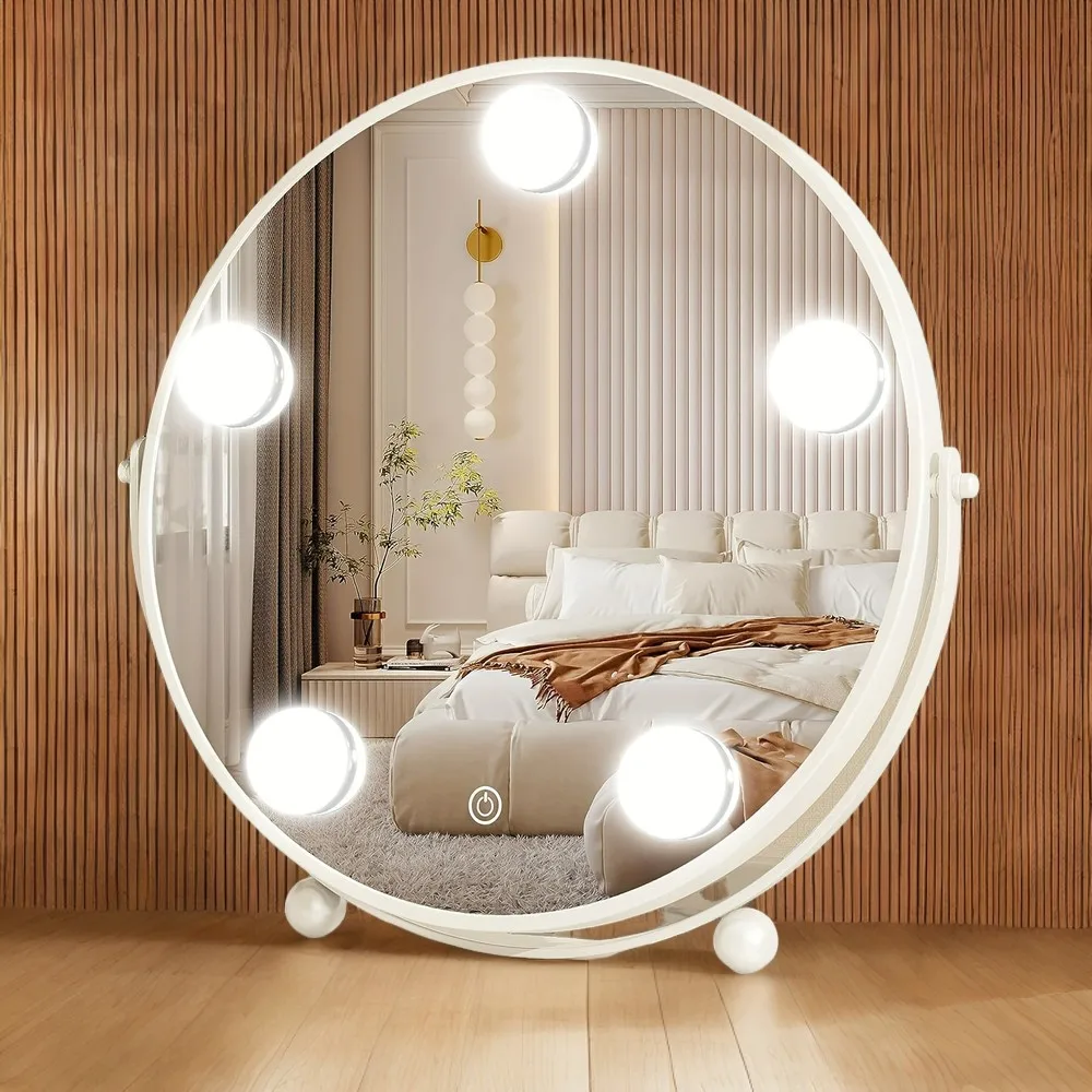 

13-Inch Round LED Makeup Mirror with Dimmable Lighting, Smart Touch Control, 360° Rotation, and 5 Included Bulbs - Stylish Vani