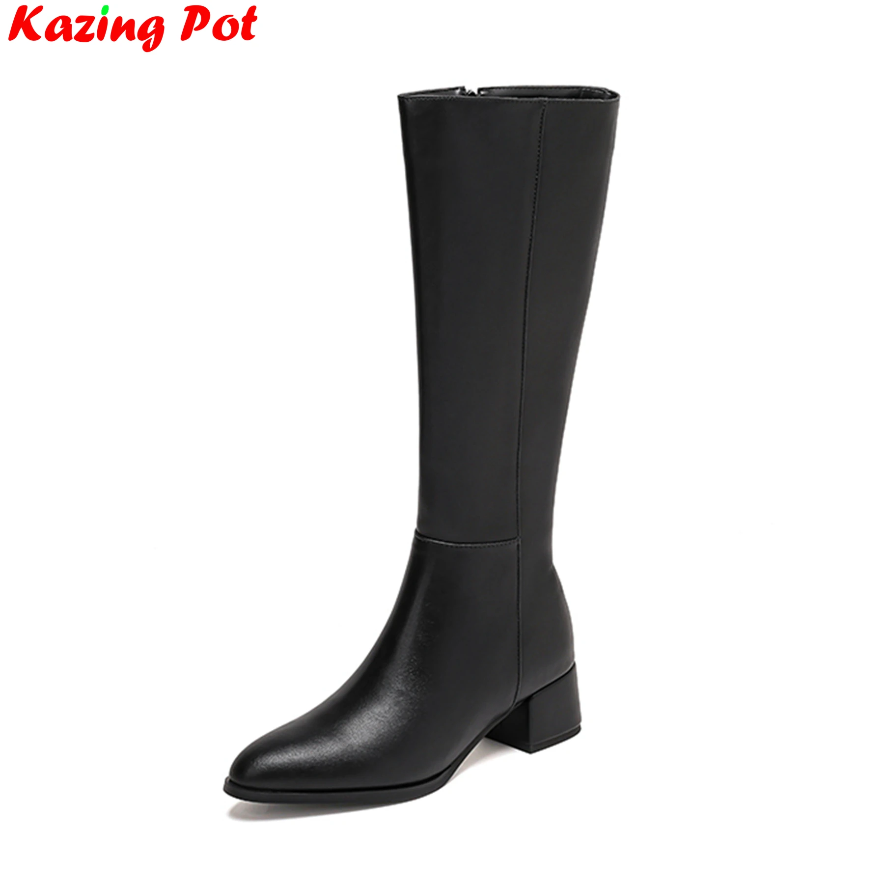 Krazing Pot Plus Size 33-46 Round Toe Cow Leather Chunky Heels Zipper Riding Long Boots Dating Sexy Winter Women Knee-high Boots